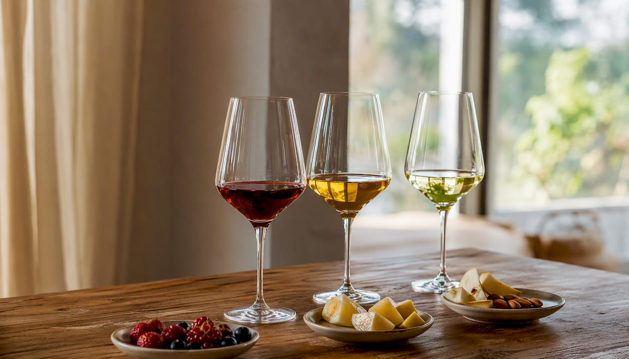 Drei Gläser mit Burgunderwein in unterschiedlichen Farbnuancen sowie typische Utensilien zur Verkostung.