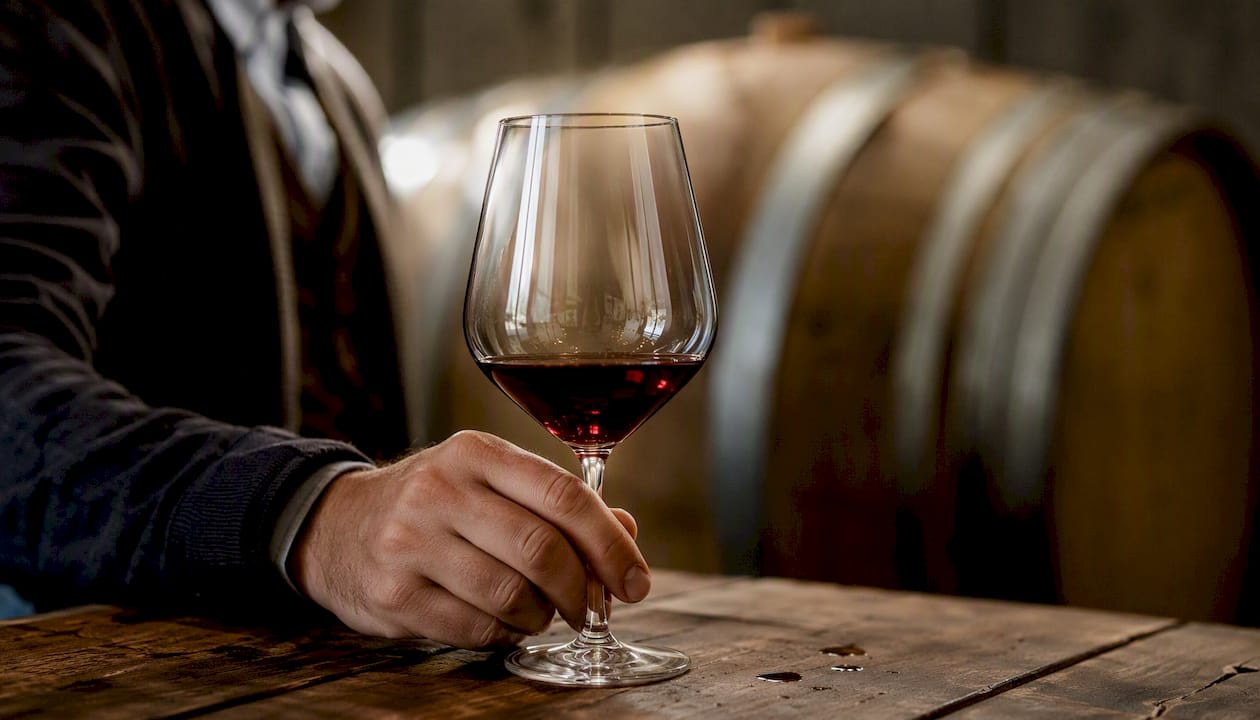 Ein Glas Spätburgunder vor einem Holzfass – purer Weingenuss in stimmungsvollem Ambiente.
