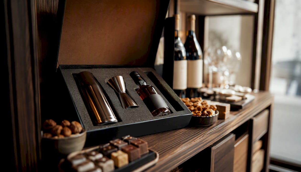 Stilvoll zusammengestelltes Geschenkset mit edlen Drinks, Barzubehör und feinen Snacks – das perfekte Präsent für Genießer.