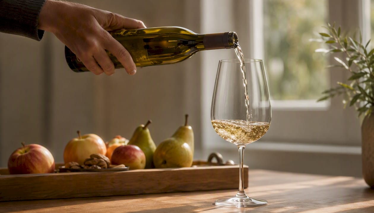 Ein Glas Weißburgunder wird eingeschenkt – begleitet von einer stimmungsvollen Weinverkostung, bei der feine Aromen und die besondere Atmosphäre das Erlebnis abrunden.