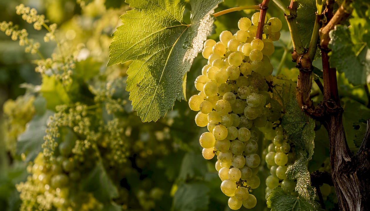 Nahaufnahme von dicht gewachsenen Weißburgunder-Trauben im Weinberg