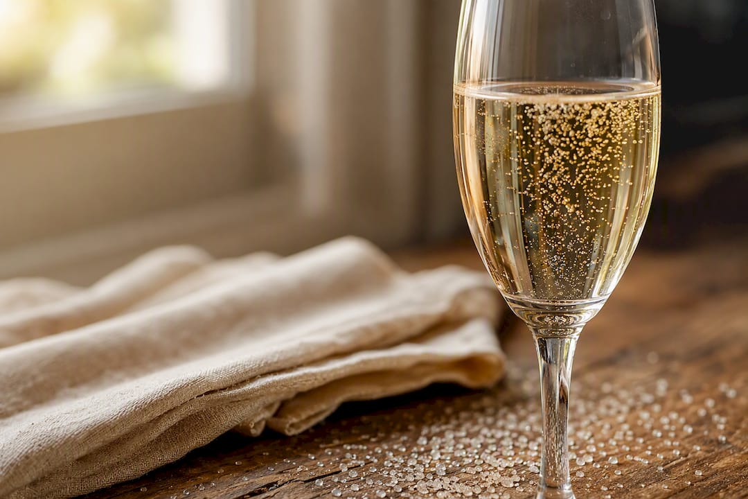 Ein Glas Sekt steht neben einem Häufchen Zuckerkristalle.