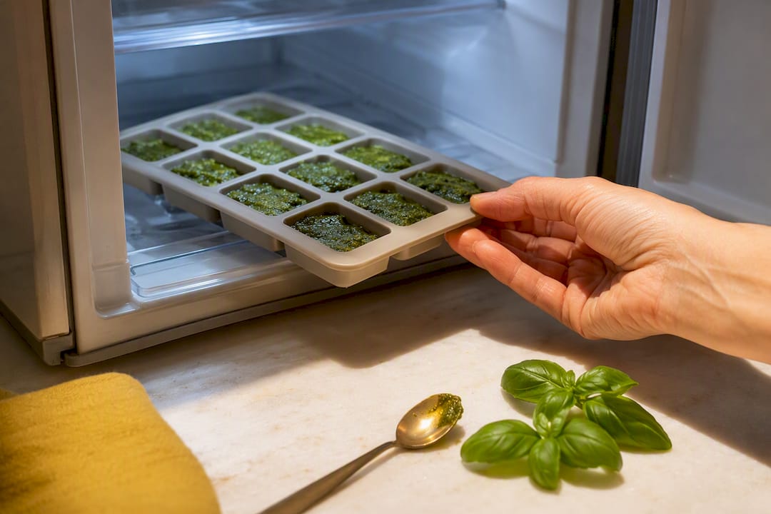 Pesto portionsweise in einer Eiswürfelform einfrieren