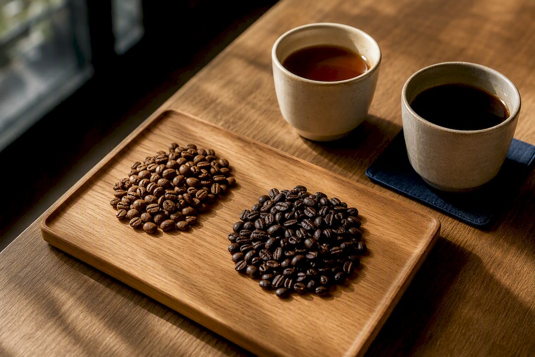 Vergleich von hellen und dunklen Kaffeebohnen