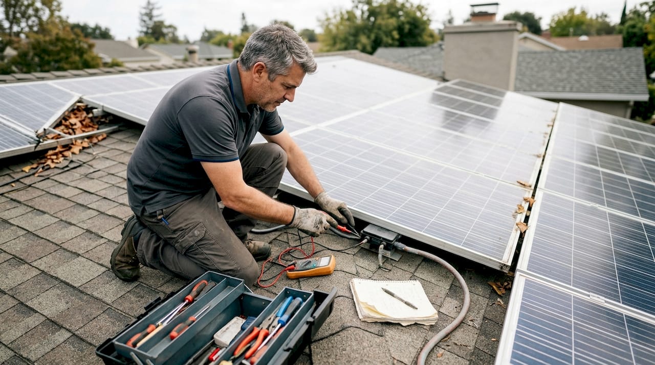 Ein Techniker überprüft die Solaranlage mit einem Multimeter.