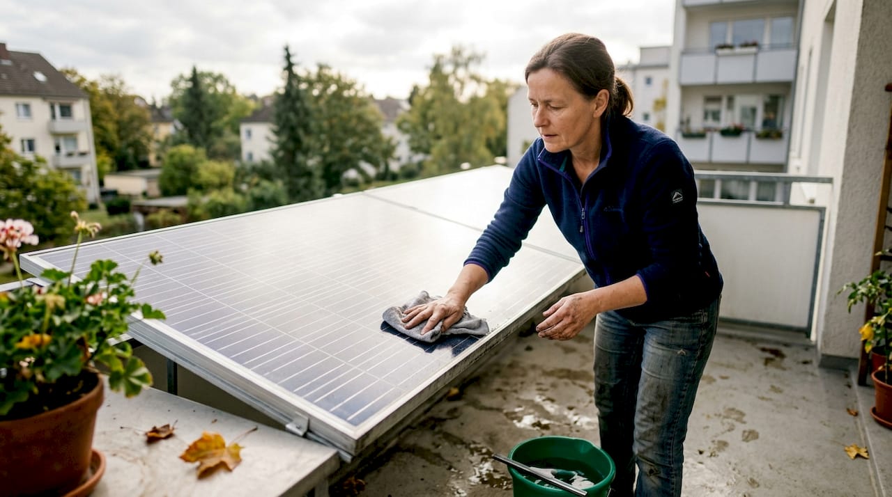 Eine Frau säubert bei Tageslicht ein Solarmodul.