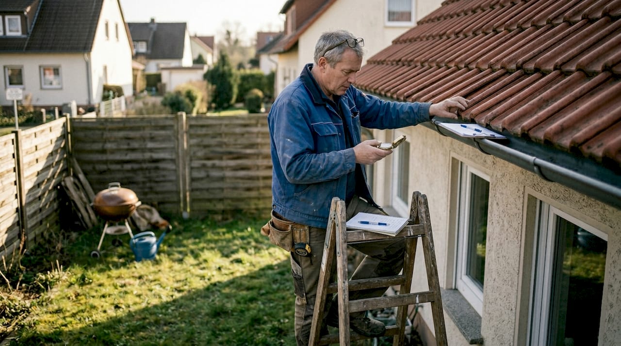 Ein Eigenheimbesitzer lässt prüfen, ob sein Dach für eine Photovoltaikanlage geeignet ist.