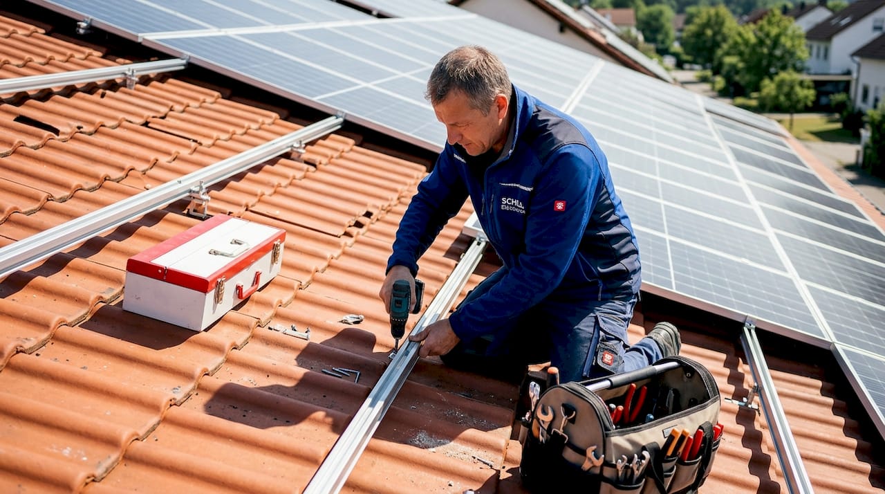 Ein Solartechniker bringt eine Montageschiene auf dem Hausdach an.
