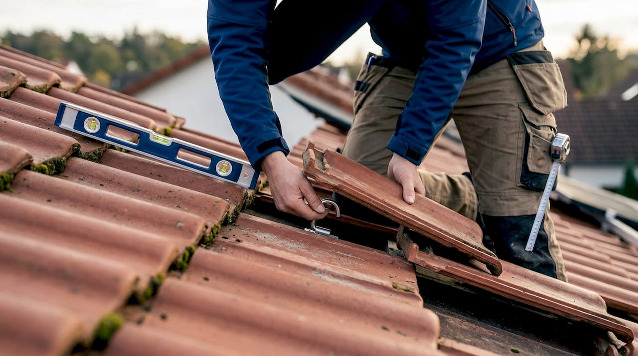 Ein Handwerker bringt Montagehaken auf dem Ziegeldach an.