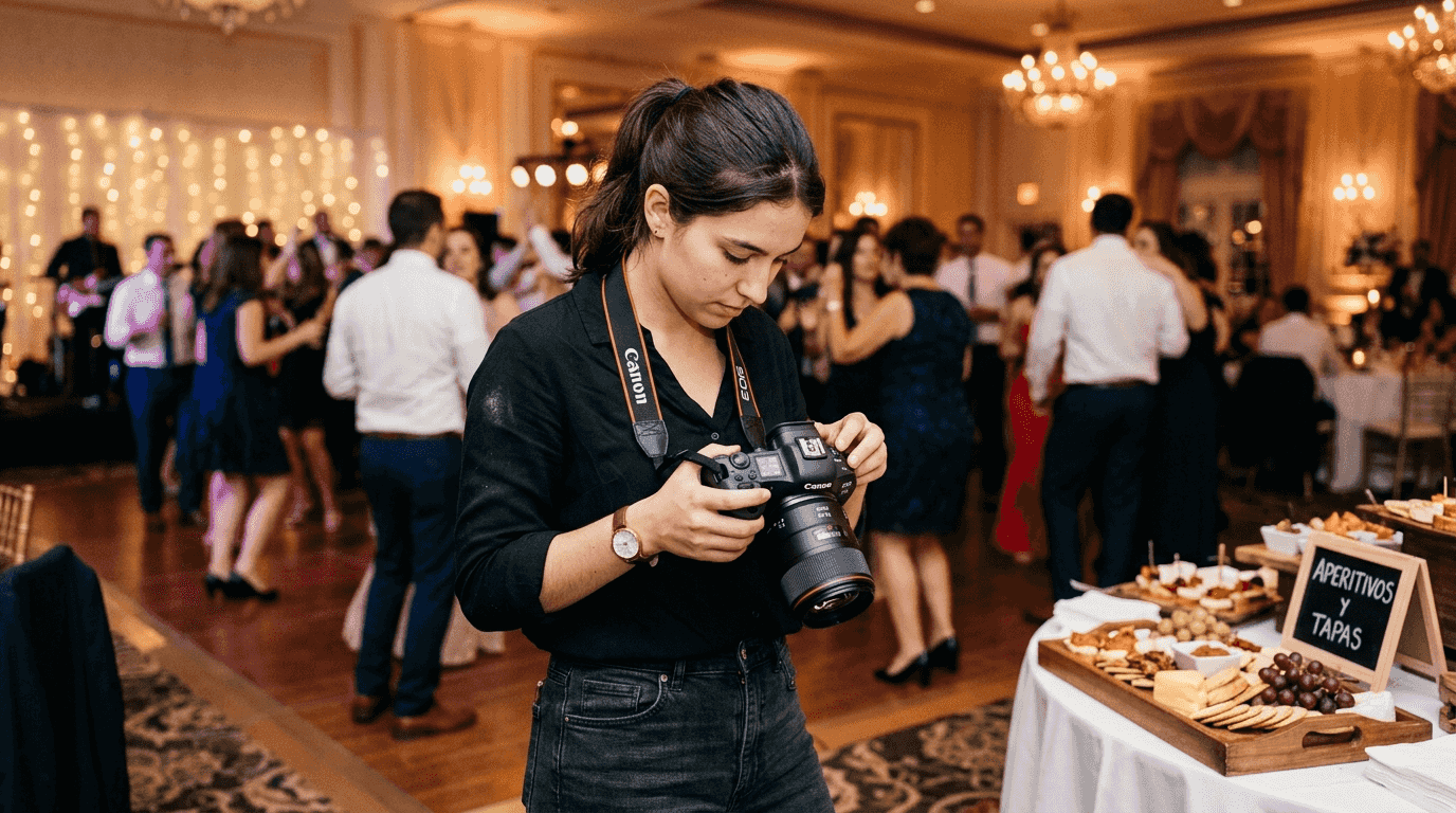 Una fotógrafa prepara su cámara mientras se desarrolla un evento social.