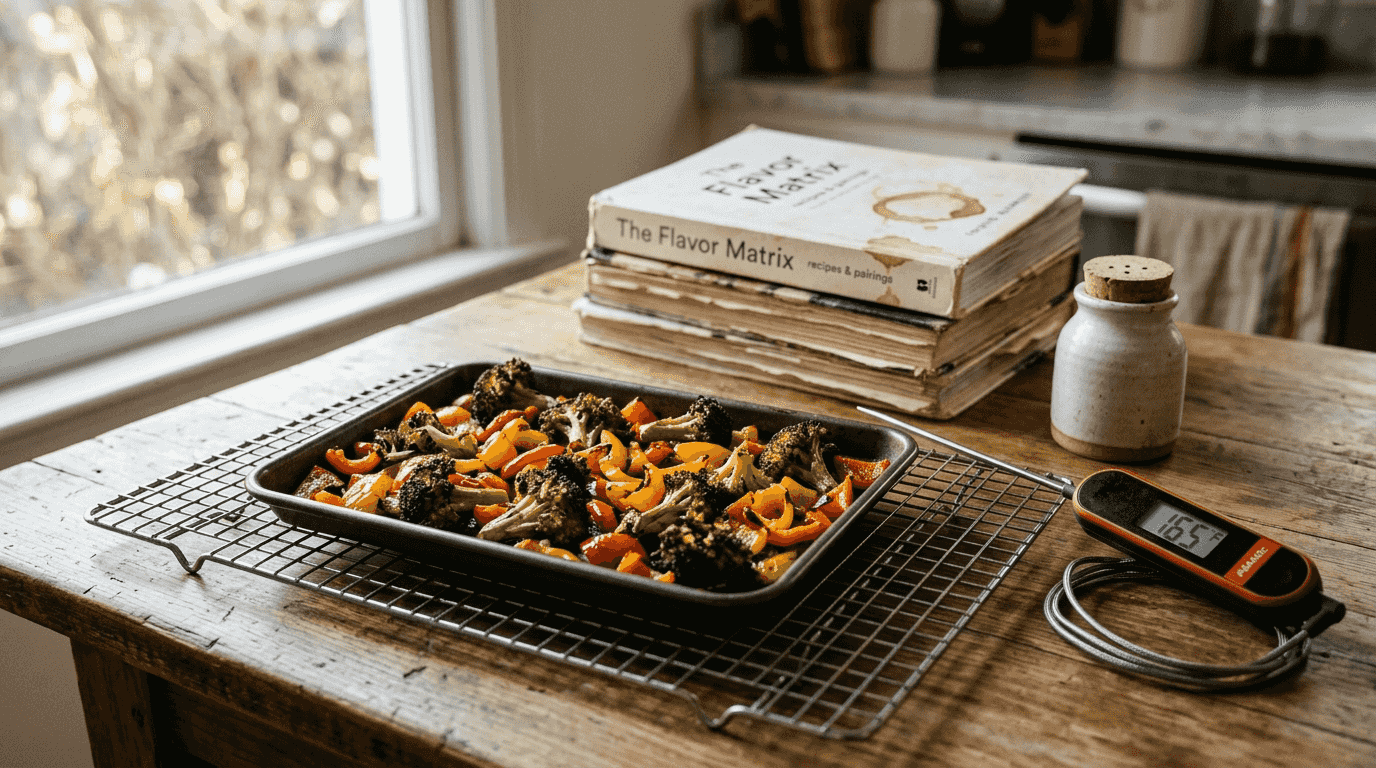 Air fried broccoli and bell peppers on table