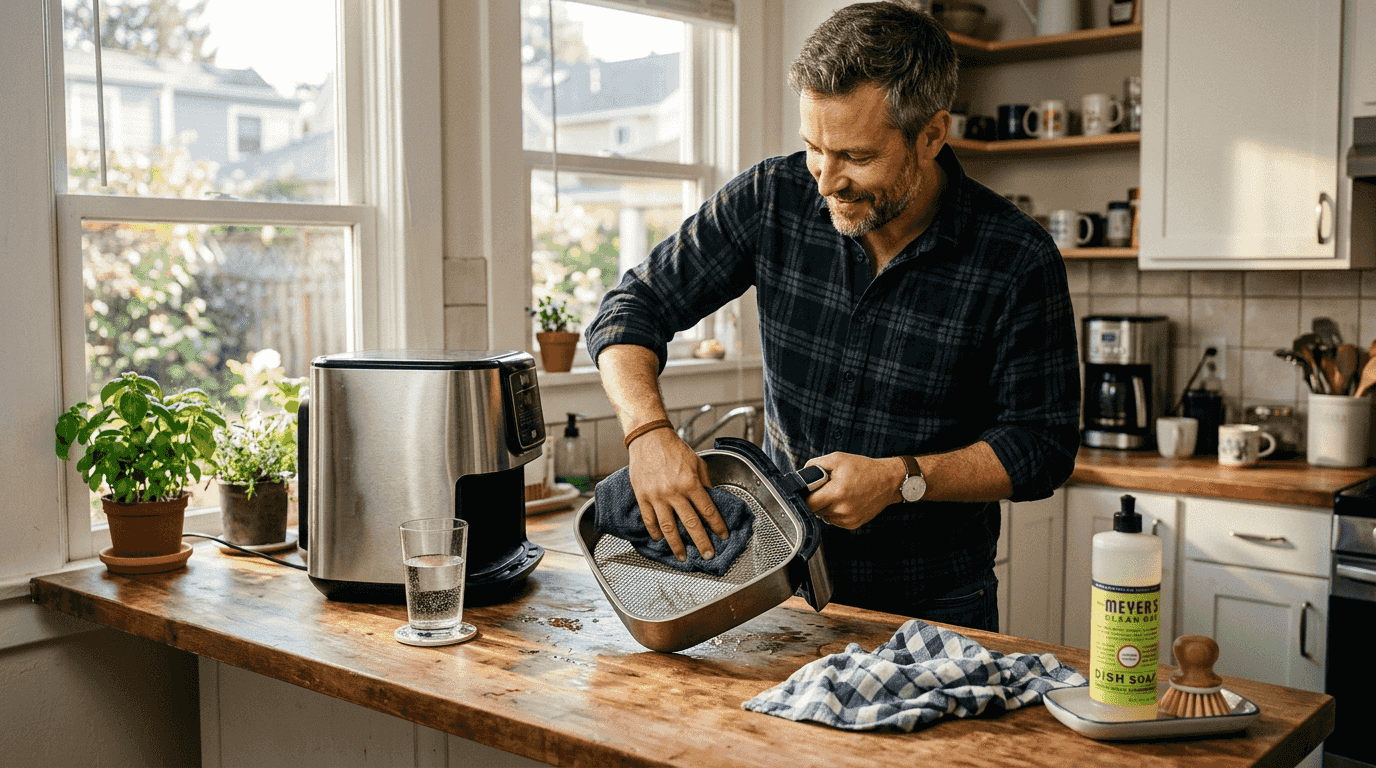 Man cleaning air fryer basket at kitchen bar