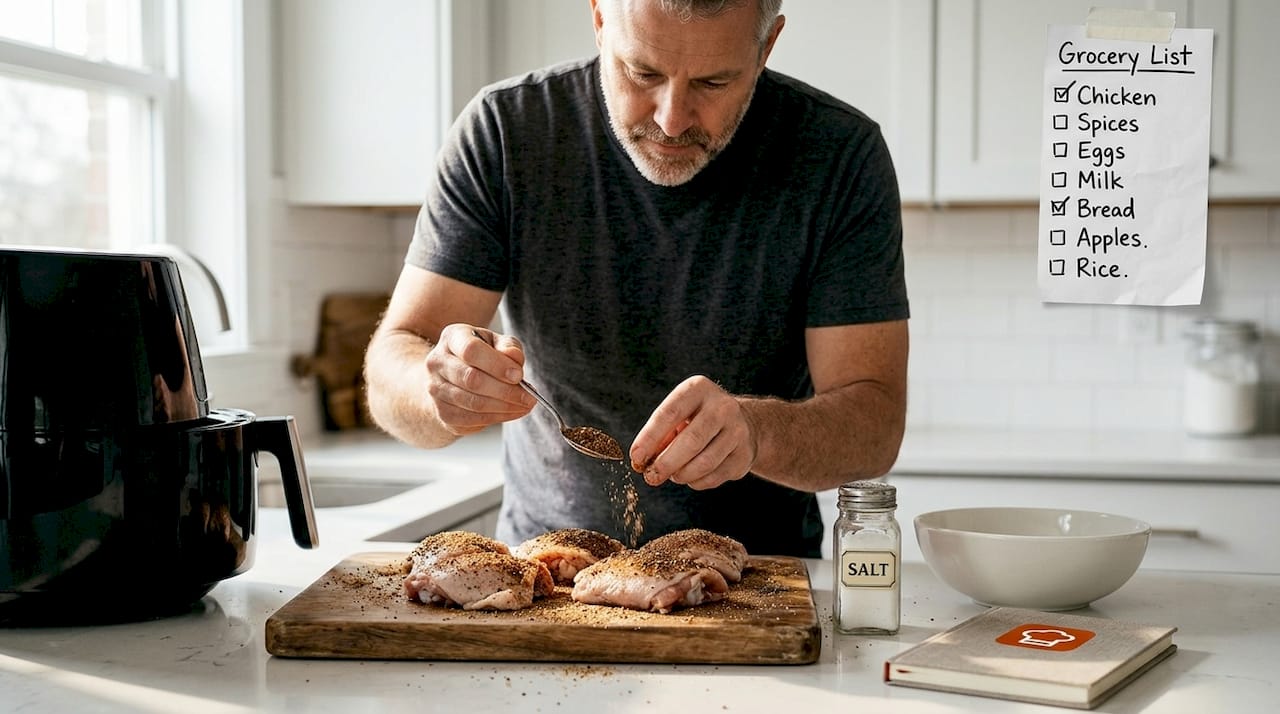 Man applies dry rub to chicken thighs