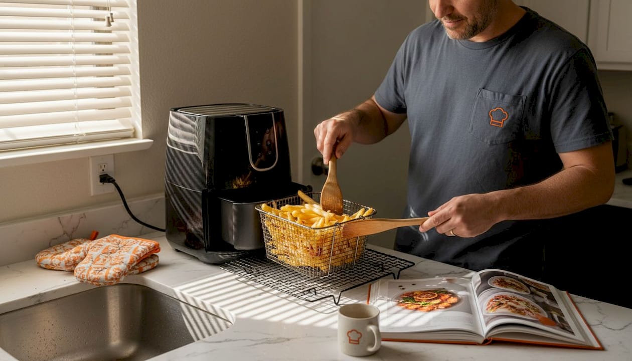 Man taking crispy fries from air fryer