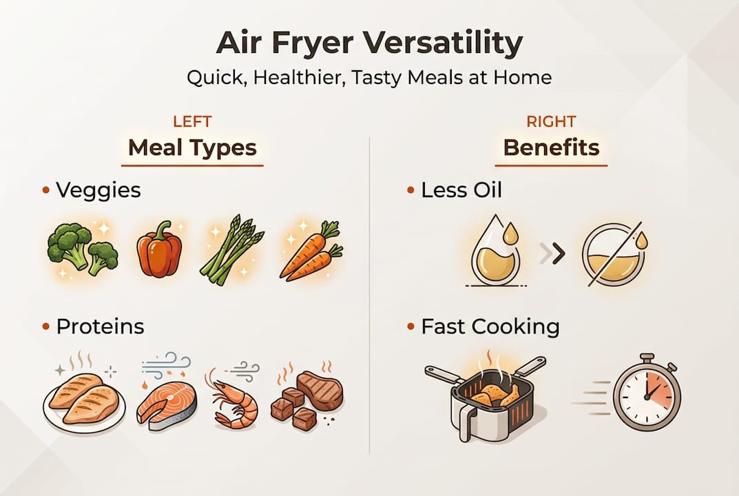 Infographic shows air fryer meal types and benefits