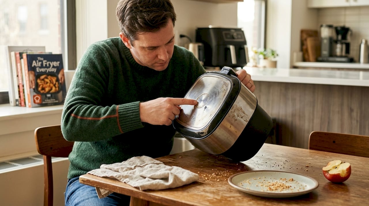 Checking damaged air fryer basket in kitchen