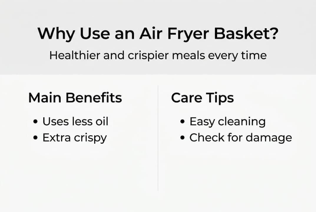 Infographic with air fryer basket benefits and tips