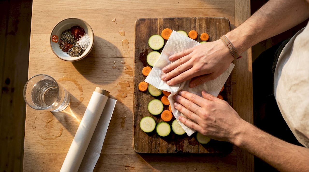 Person patting sliced vegetables dry