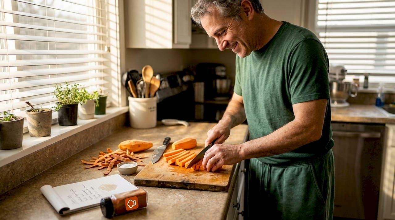 Preparing evenly cut sweet potato fries