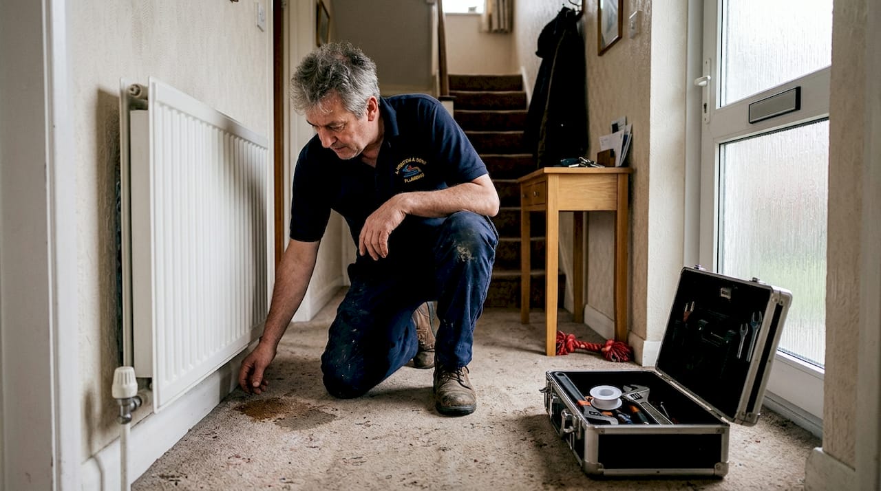 Plumber inspects water damage in hallway