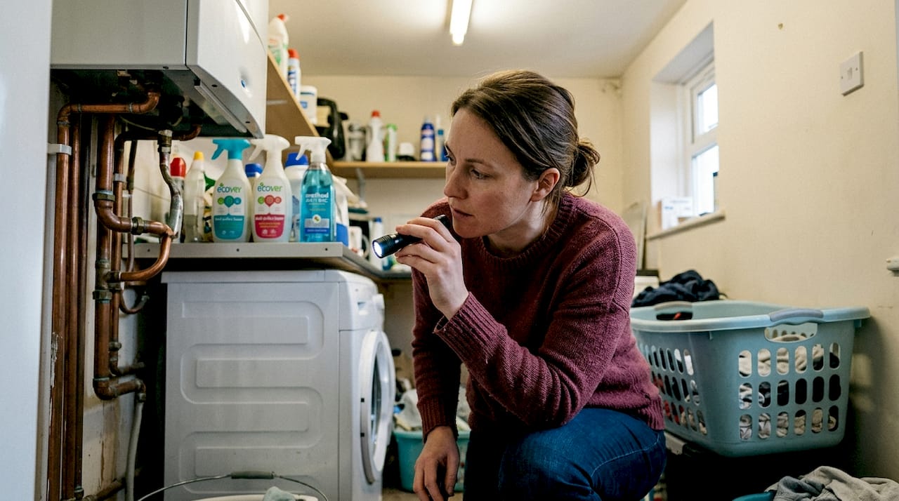 Woman inspecting repaired pipe for leaks
