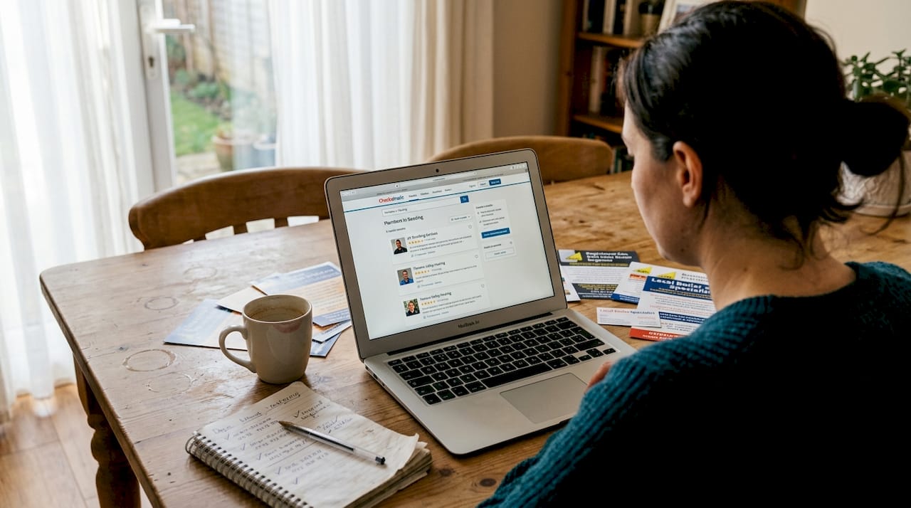 Homeowner searching trusted plumber directories