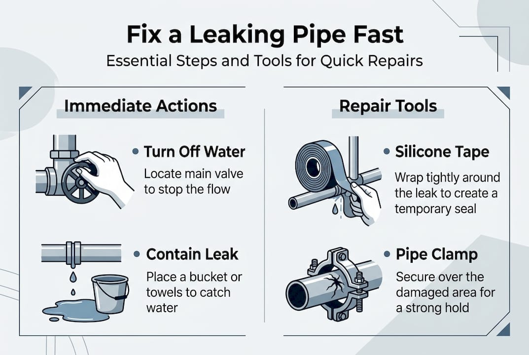Infographic: leaking pipe fast repair steps and tools