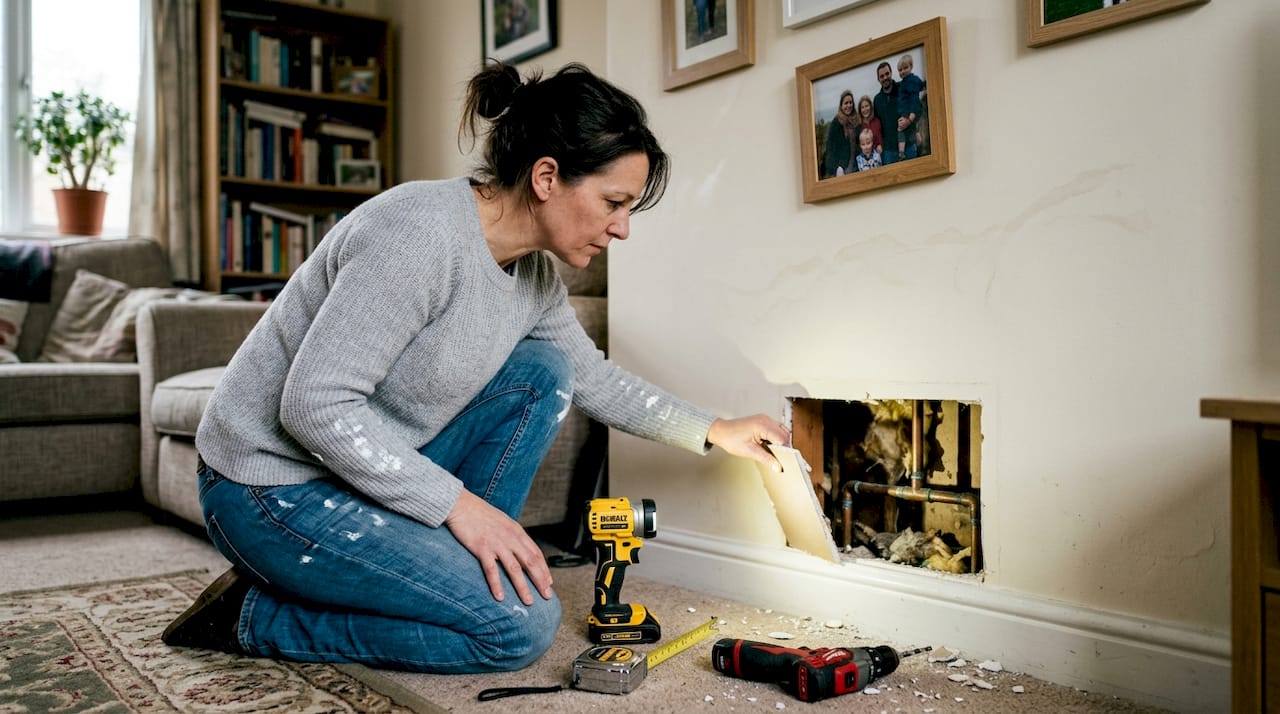 Homeowner checking pipe behind living room wall