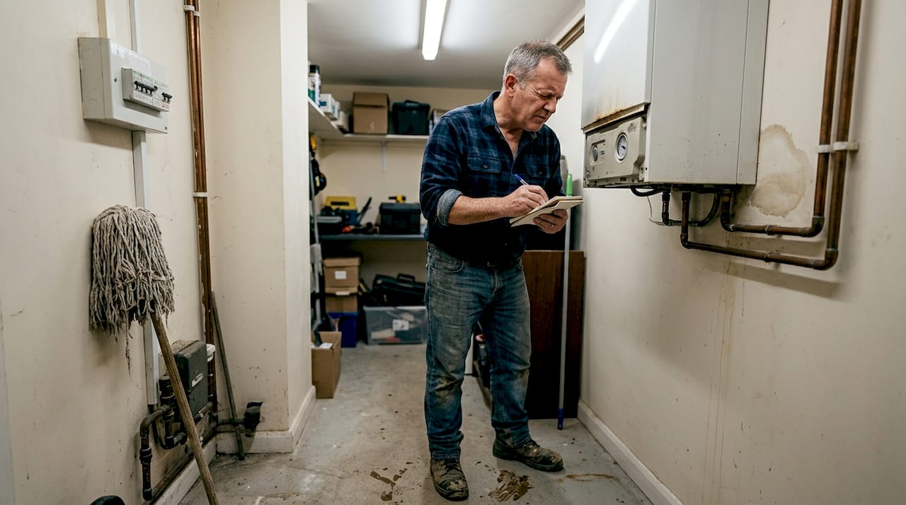 Man checking boiler gauge in utility room