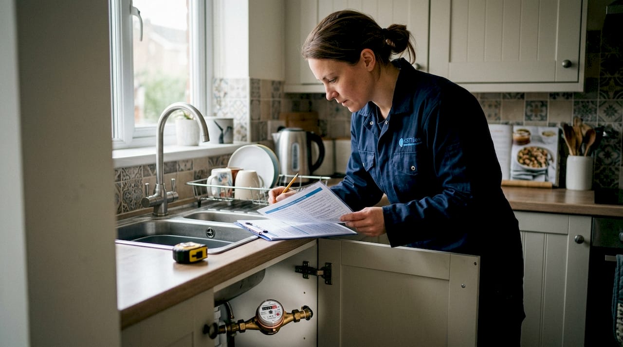 Plumber reviews inspection sheet in kitchen