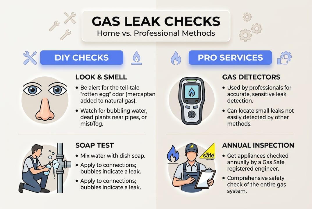 Infographic comparing gas leak check methods