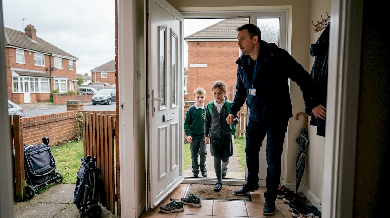 Family leaving home after gas leak warning