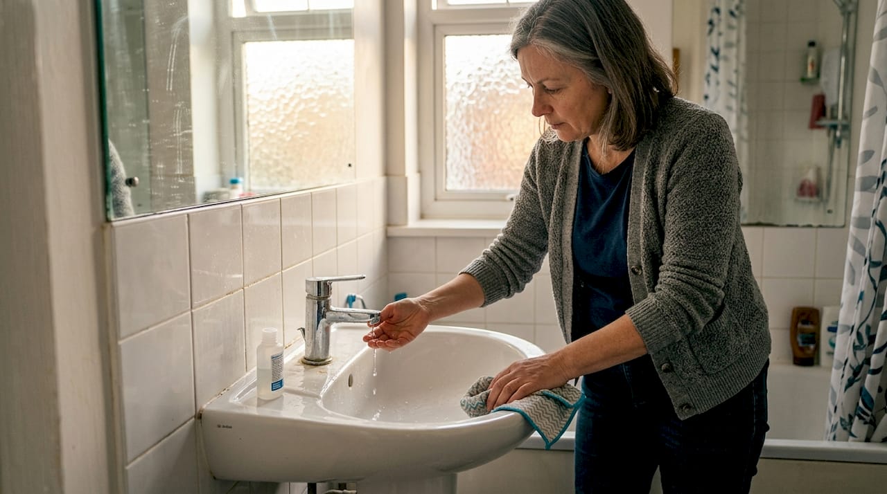 Woman testing faulty tap in UK bathroom
