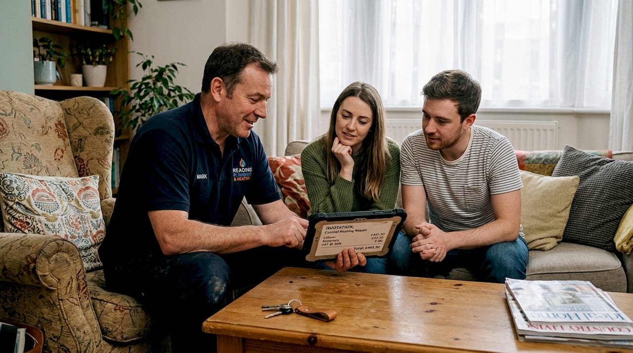 Plumber discussing repair quote with couple