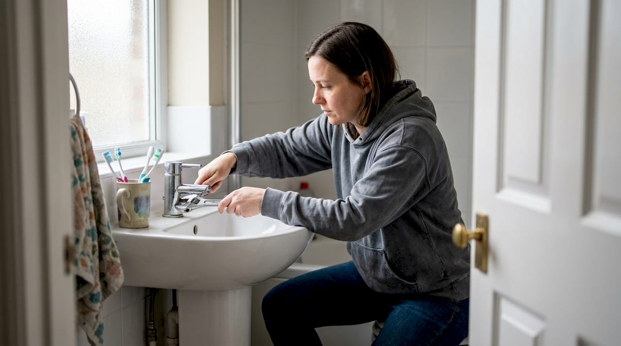 Homeowner repairing tap in lived-in bathroom