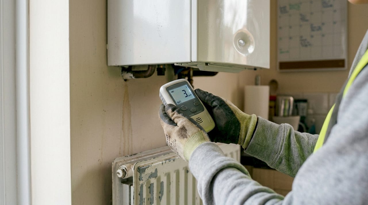 Hands checking boiler safety with detector at home