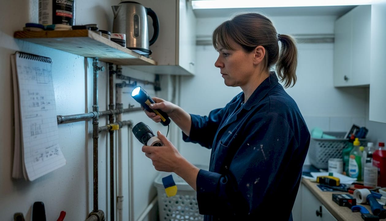 Plumber inspecting pipes in utility room