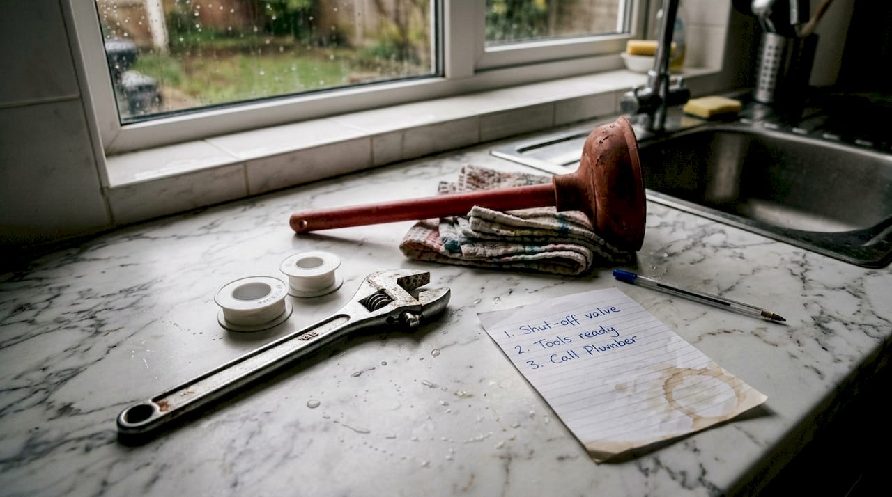 Assorted emergency plumbing repair tools on counter