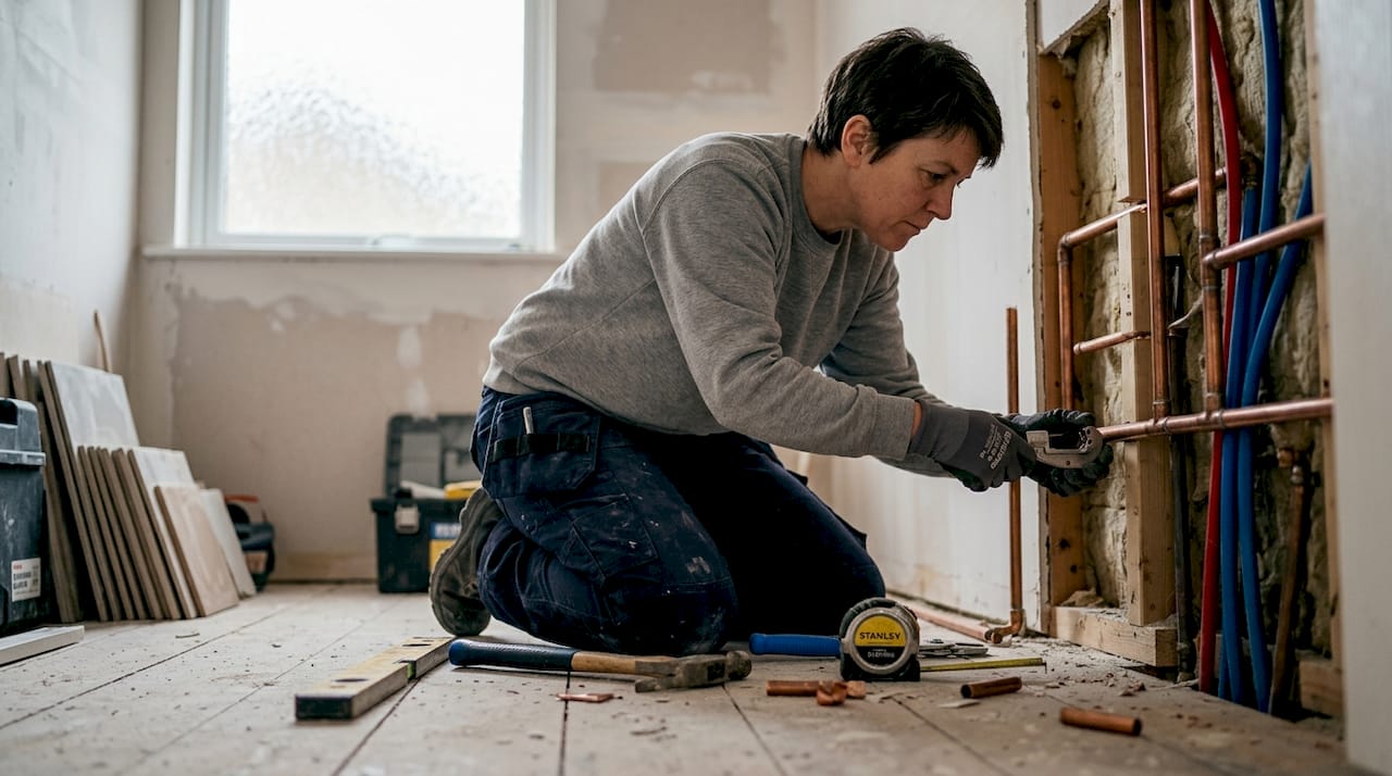 Plumber adjusting pipes in bathroom renovation