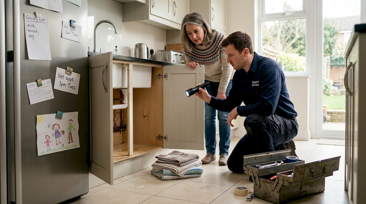 Plumber and homeowner assessing water damage