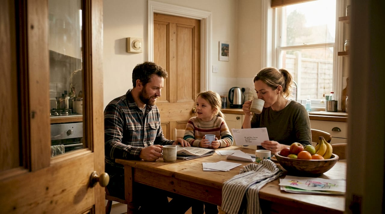 Family relaxing in warm kitchen with heating controls visible