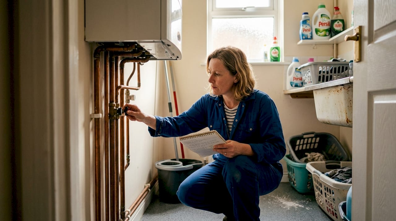 Plumbing engineer checks home boiler pipes