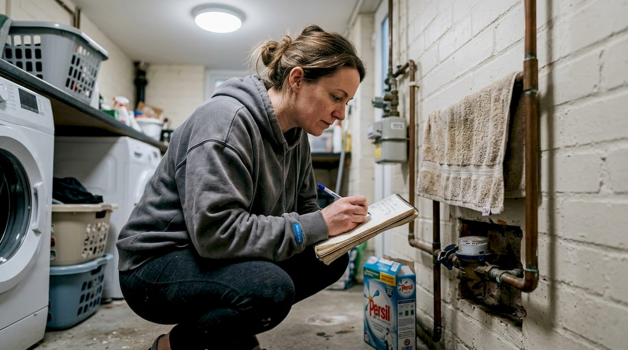Woman logging water meter reading in utility room