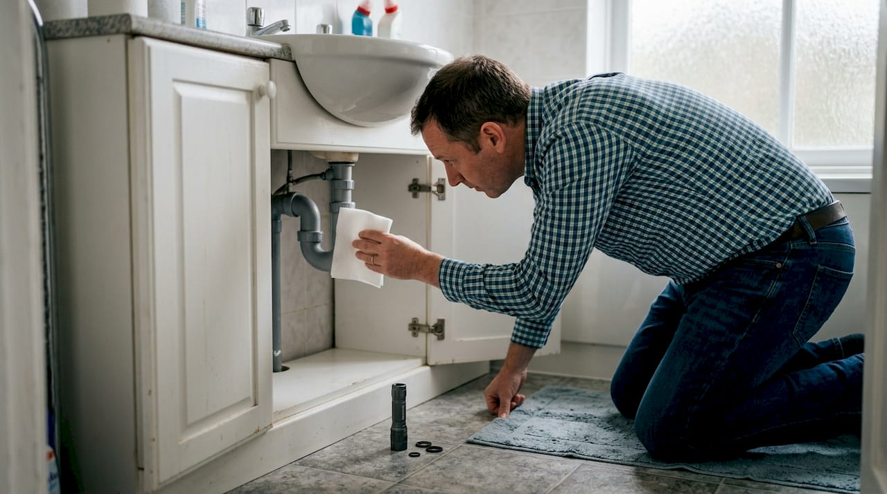 Person checking for leaks after plumbing repair