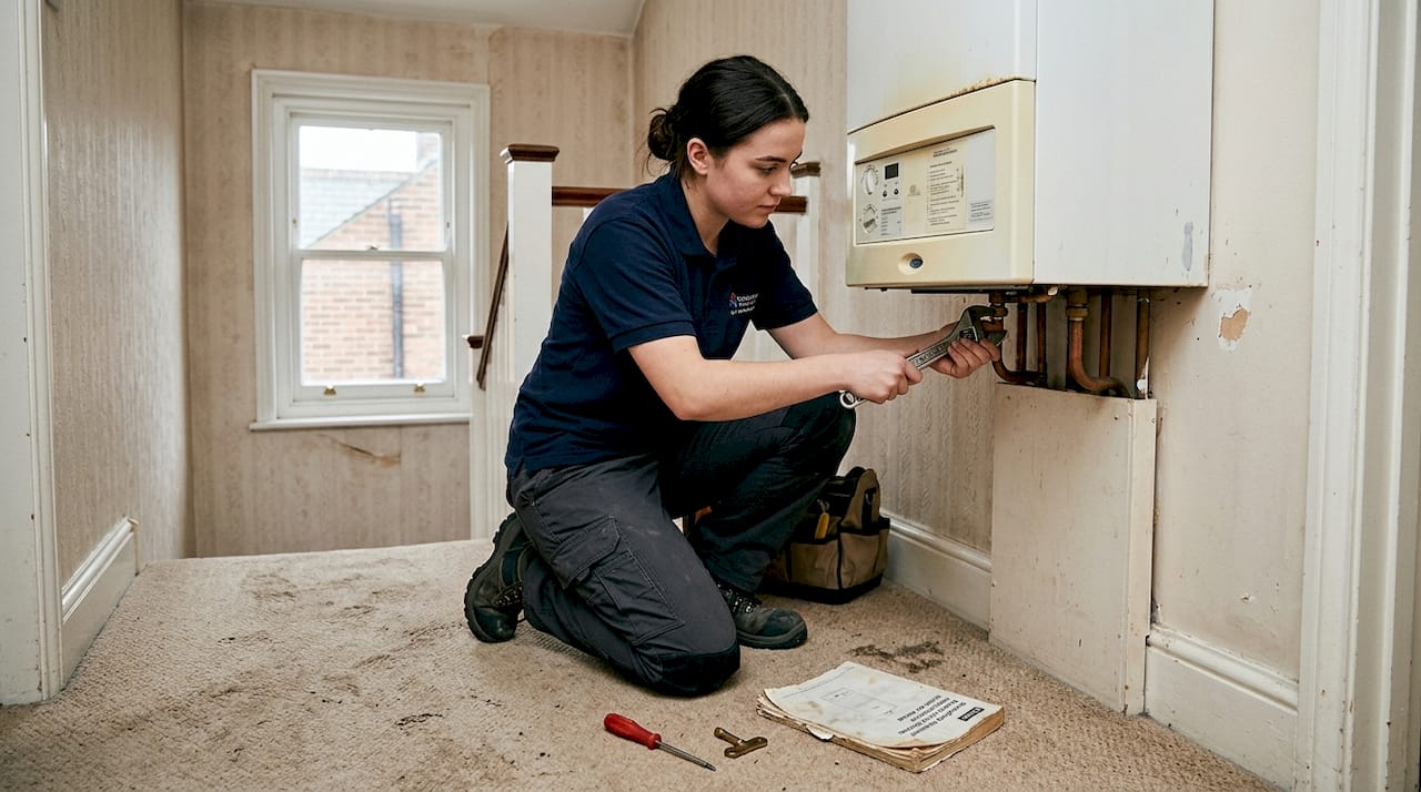 Engineer repairing boiler on house landing