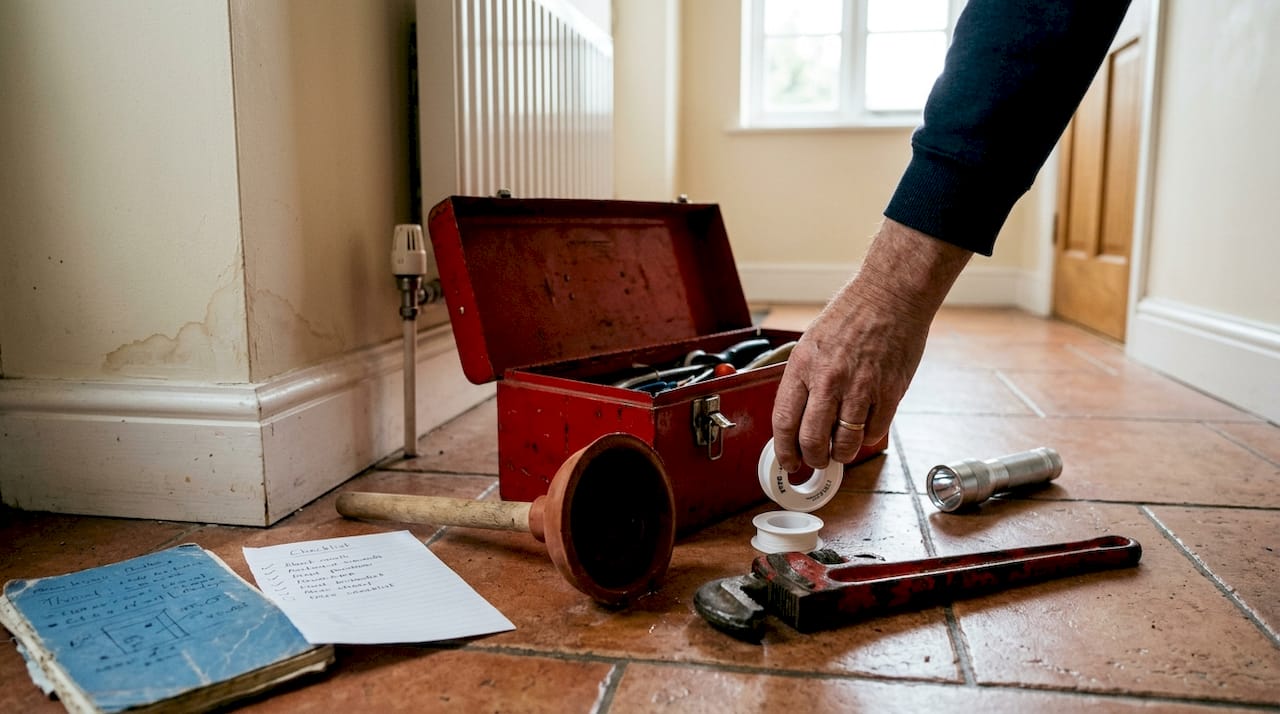 Homeowner reaching for tool in emergency kit