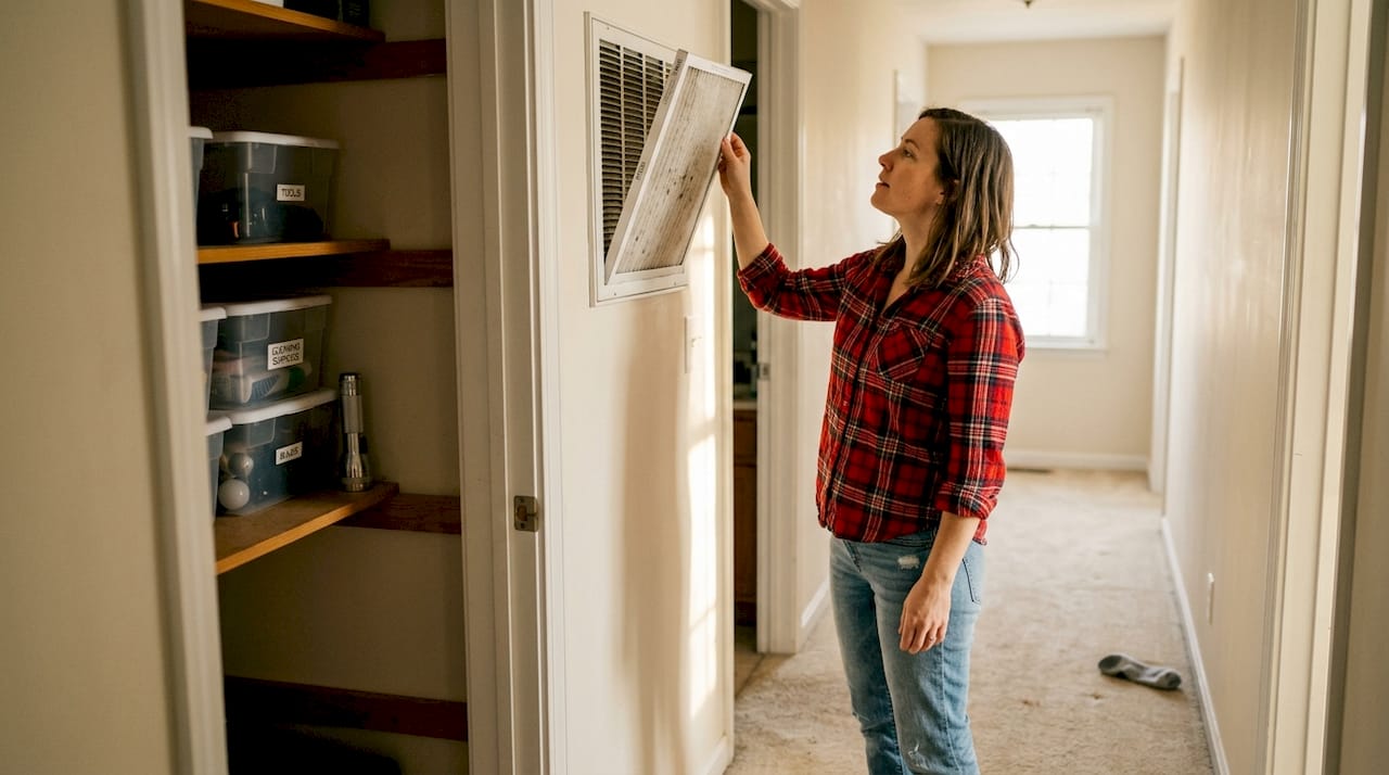 Homeowner replacing dirty air filter