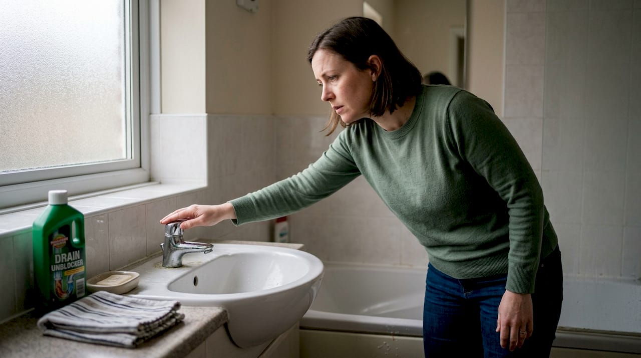 Homeowner listens for pipe noises in bathroom