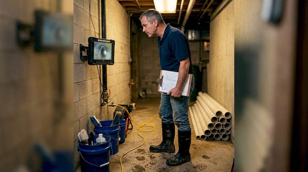 Plumbing engineer reviewing pipe inspection footage