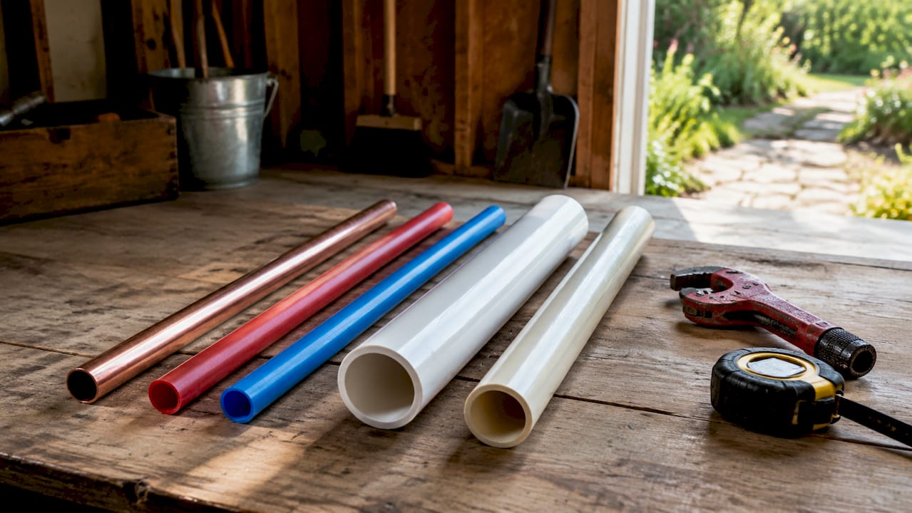 Close-up of various plumbing pipe types displayed on workbench